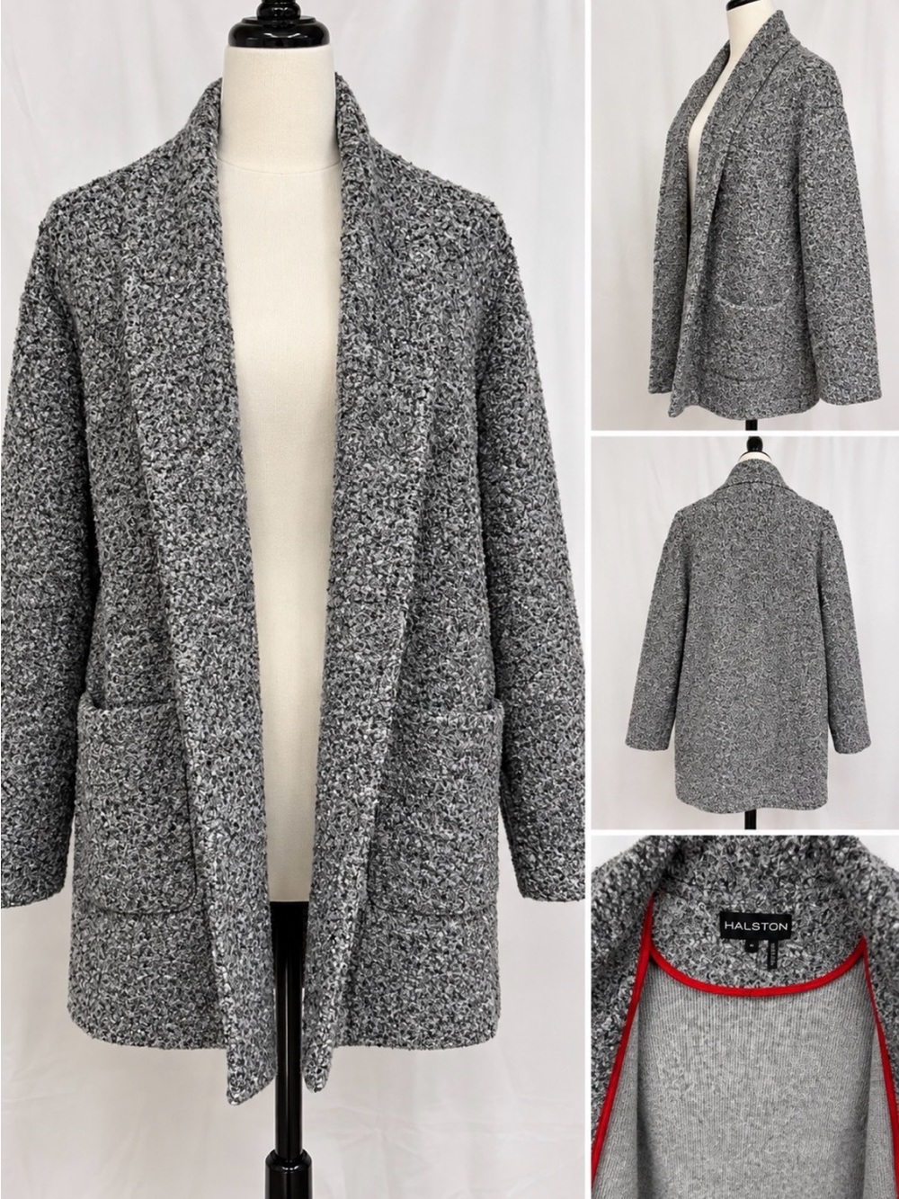 NWT Halston Gray Boucle Open Front Coat Cardigan Jacket XL